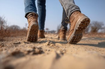 Closeup of mother and daughter feet walking on a dusty hiking trail